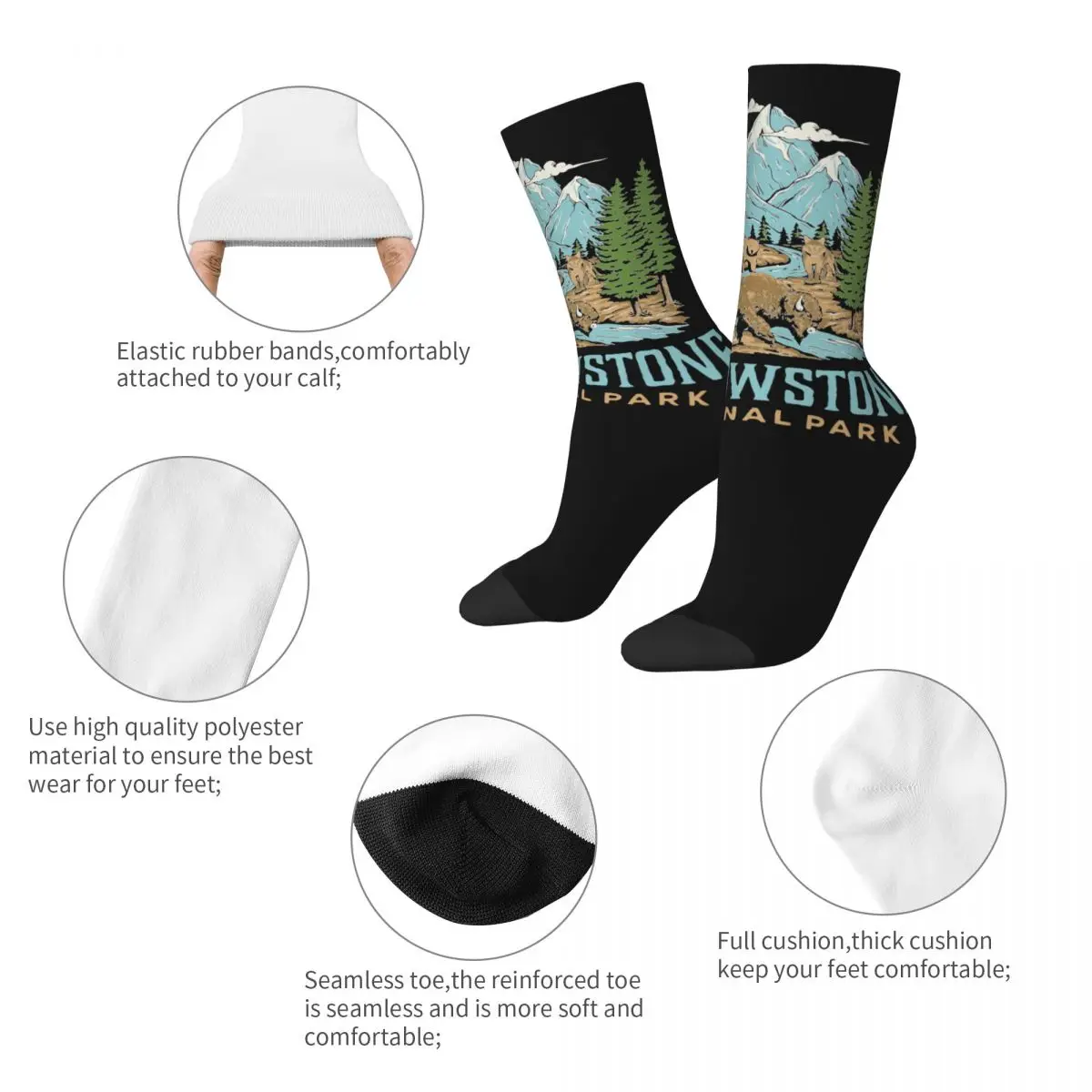 Yellowstone US National Park Wolf Bison Bear Vintage Socks Men's Women's Casual Socks Crazy Spring Summer Autumn Winter Stocking