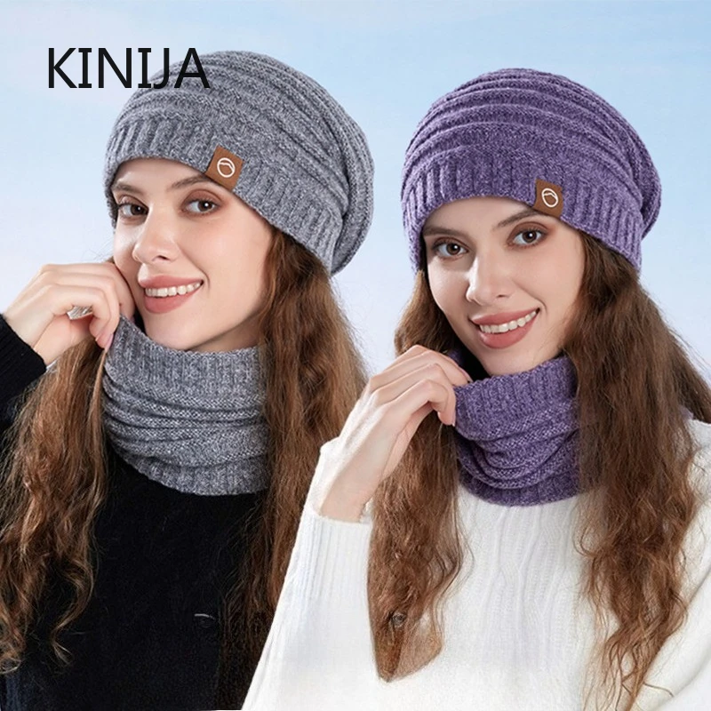 Winter Hat Scarf Sets Women Outdoor Cold Protection Warmth Knitted Hat Fleece Ear Protector Pullover Hat Unisex Skullies Beanies
