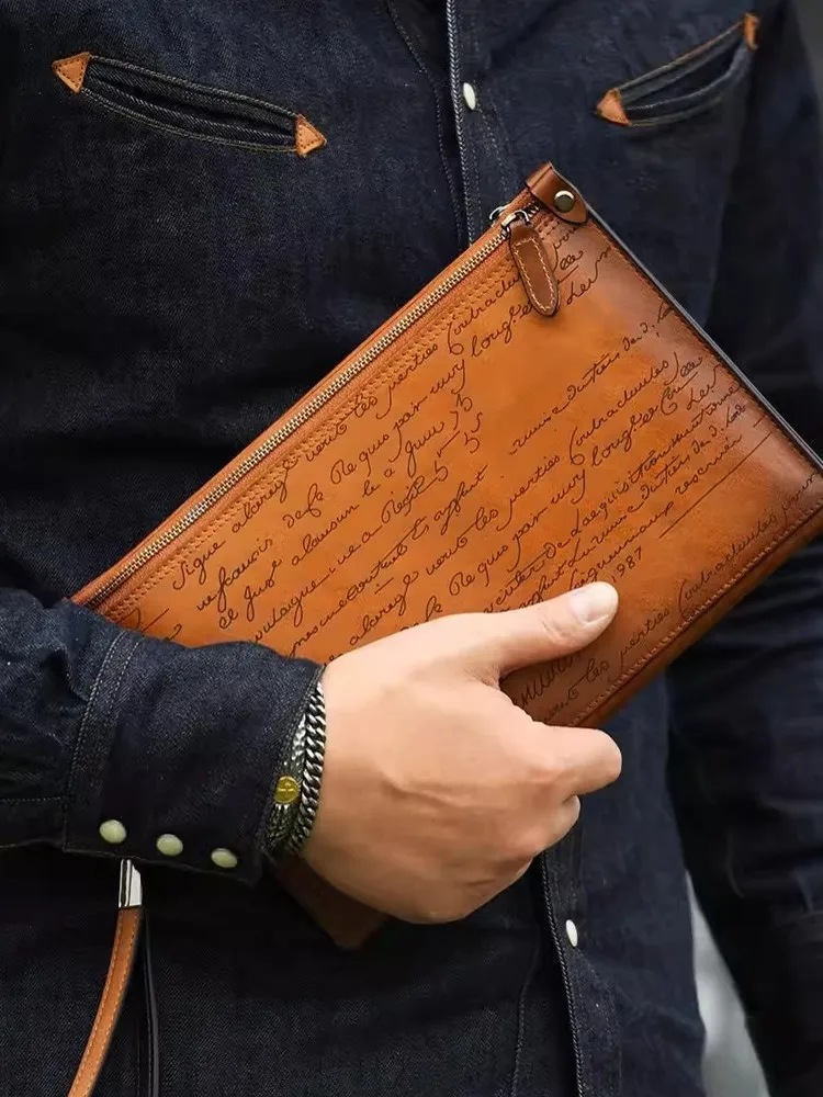 Pochette en cuir de vachette véritable pour hommes d'affaires, enveloppe de banquet, sac à main, fermeture éclair, porte-cartes, lettre imprimée, sacs vintage, travail, nouveau