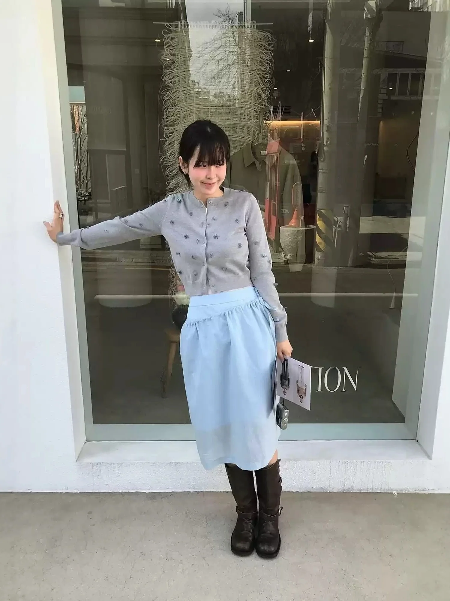 Blue A-Line Midi Skirt Women's Straight Cut Layered Design Simple Elegance Atelier Edit Fashion Summer 2026 Cotton Blend