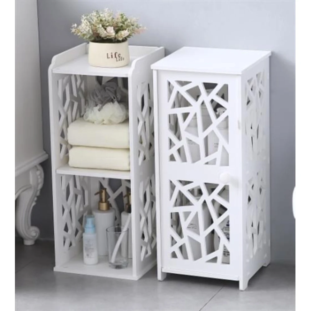 

PVC Furniture Bathroom Shelf Geometric Pattern Up and Down Layered Structure Single Door 28x28x120CM White[US-Stock]