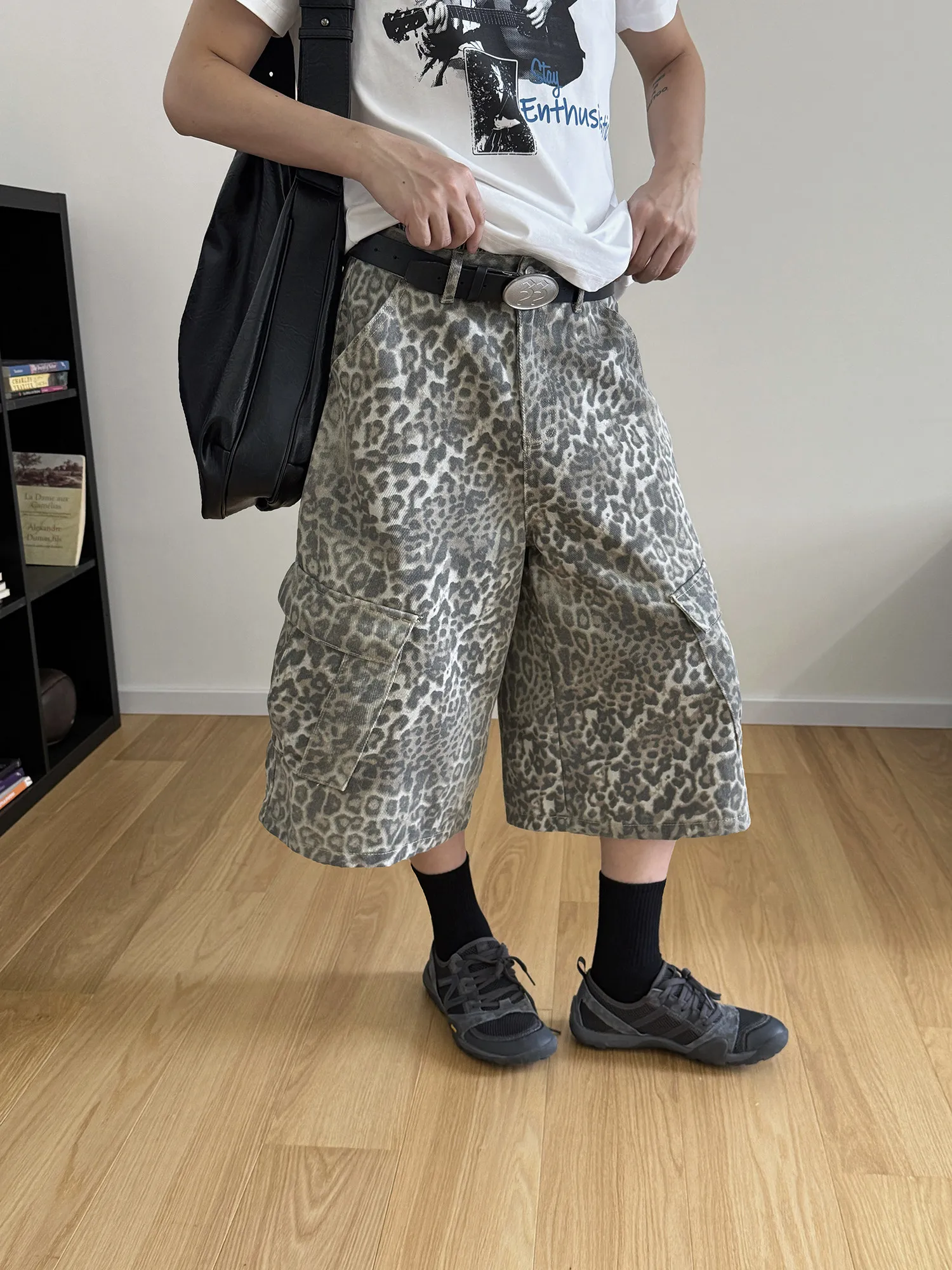 Cleanfit Retro Leopard Print Loose Straight Leggings High Street Style Seven-Foot Pants with Pocket Men's Denim Shorts