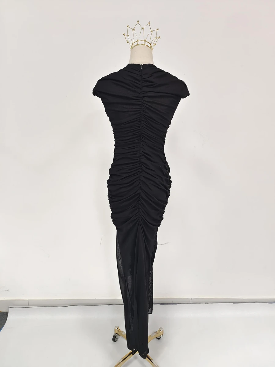 VGH Sexy Abend Verstärktes Aushöhlen Kleider für Frauen O Hals Kurzarm Hohe Taille Bodycon Schwarz Farbe Boden Kleid Weibliche Neue