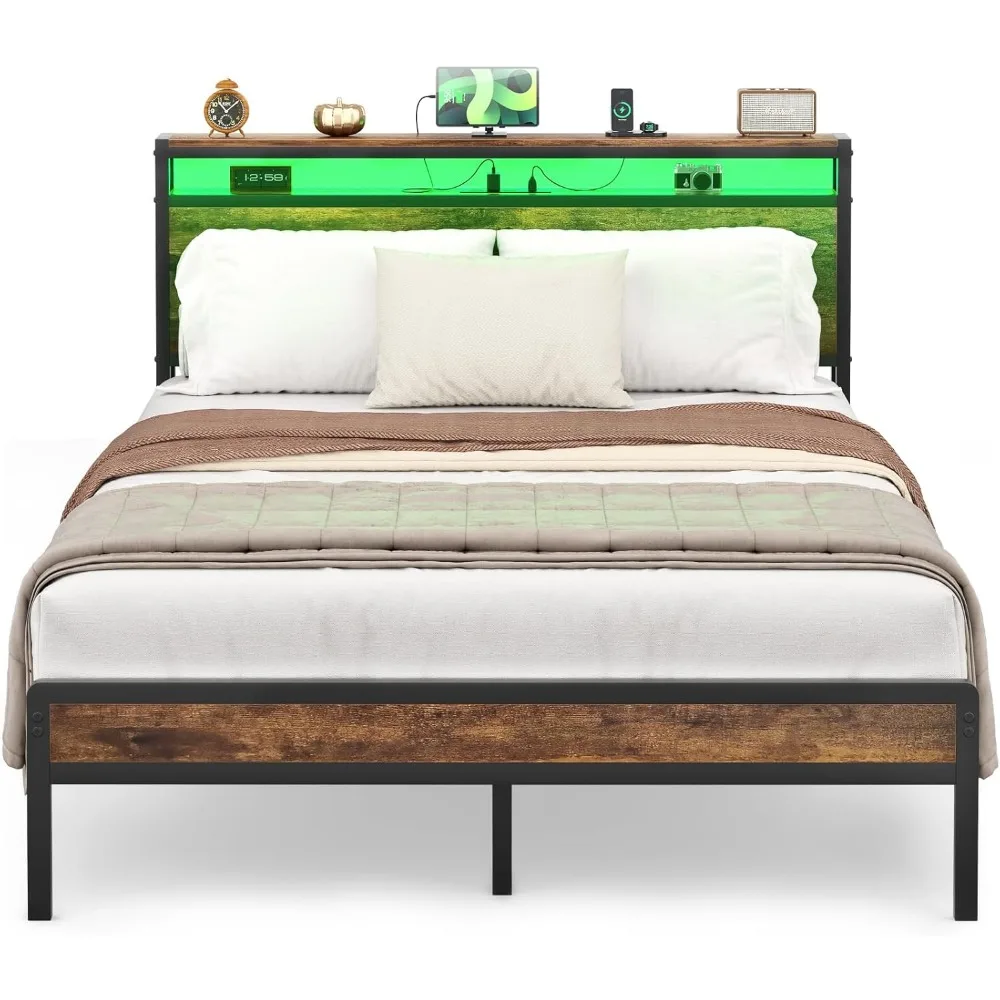 

Full Size Bed Frame with Charging Station and Led Lights, Industrial Platform Bed with Storage Headboard, No Box Spring Needed