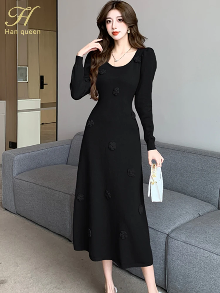 H Han Queen Autumn Winter Fashion Slim A-Line Long Dress Women Stretch Knit Party Office Dresses Basic Vestidos Woman Clothing