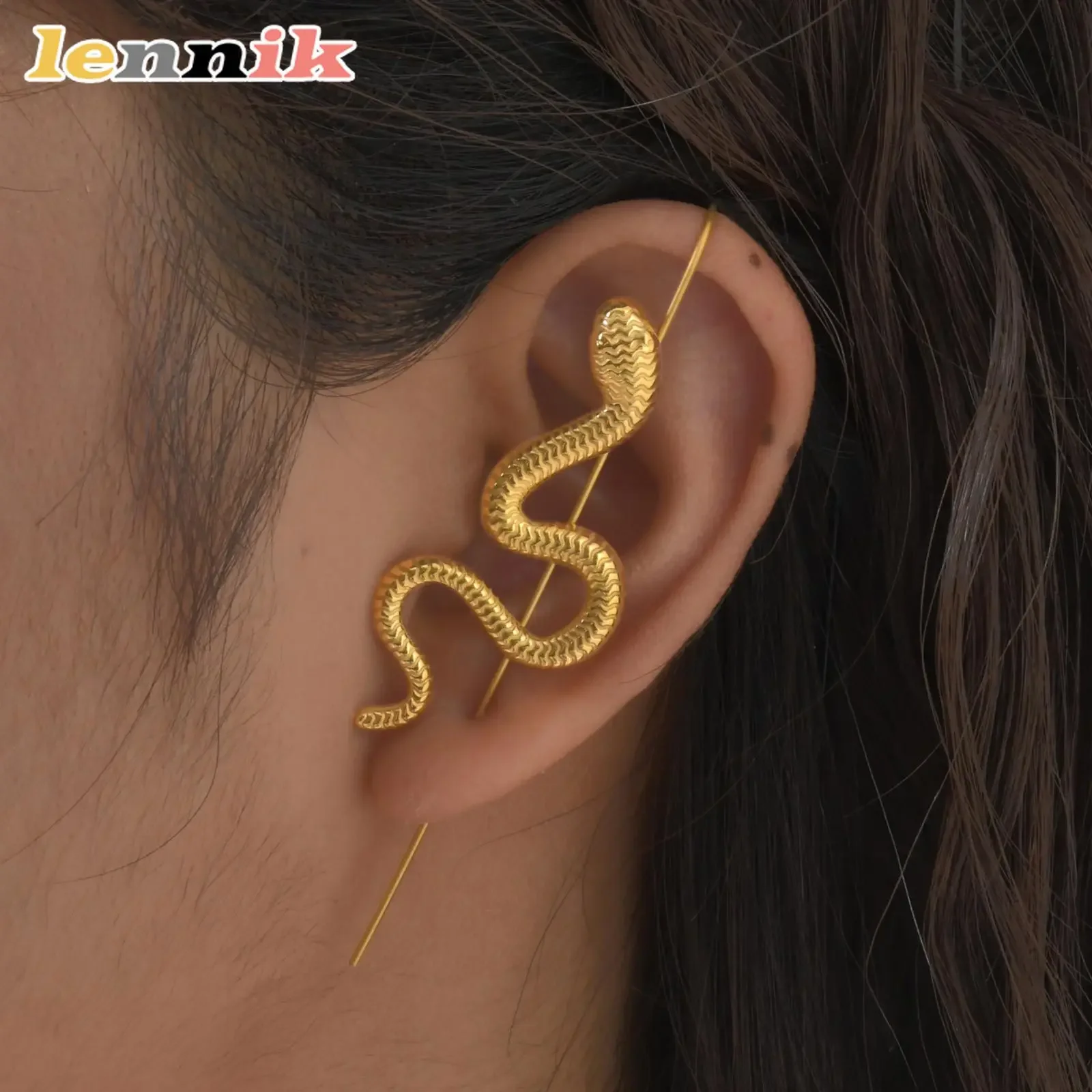 Lennik Vintage Single Snake Edelstahl-Ohrmanschette, minimalistischer, eleganter Ohrring, Atte-Finish, passend für Freizeit/Pendler