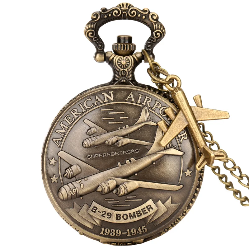 Retro Pocket Watch Antique American Air Force B-29 Bomber Bomber Embossed Quartz Movement Necklace Chain Timepiece Collectors
