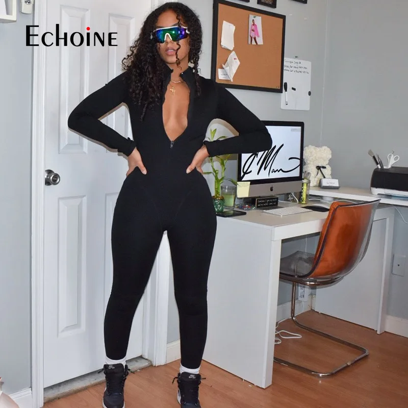 Echoine Women Sexy Solid zipper elasticity Bodycon Long Sleeve Jumpsuit Fitness Sporty One Piece Romper Playsuits S-4XL