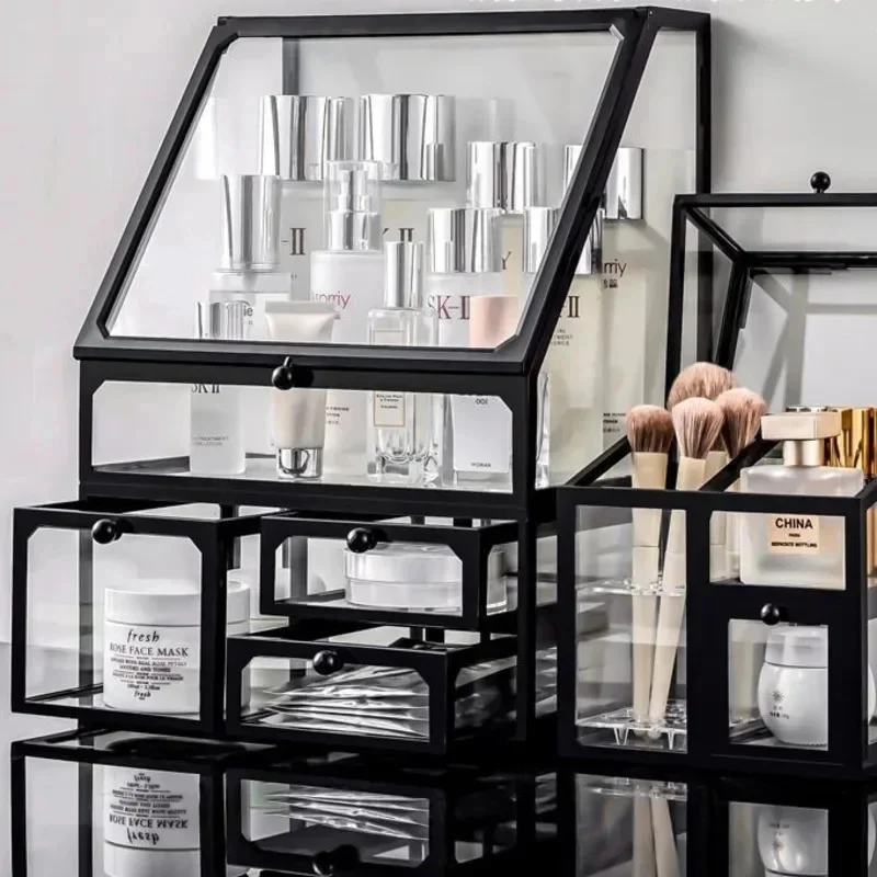 Glass Cosmetic Storage Box Transparent Desktop Organizer Dustproof Display Case Makeup Beauty Products Showcase Shelf Container
