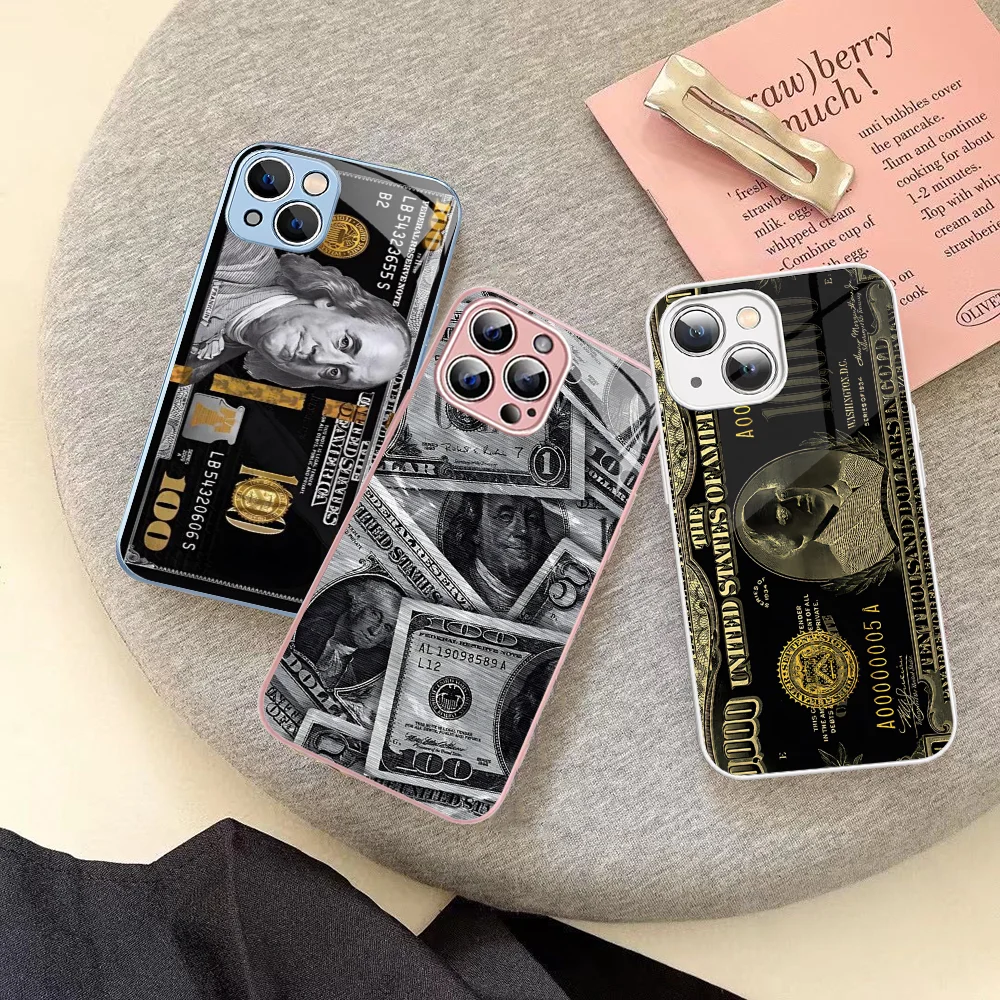 

USD Dollar Cash Luxury Phone Case Tempered Glass For Iphone 14 13 12 11 Pro Mini XS MAX 14Plus X XS XR Fundas