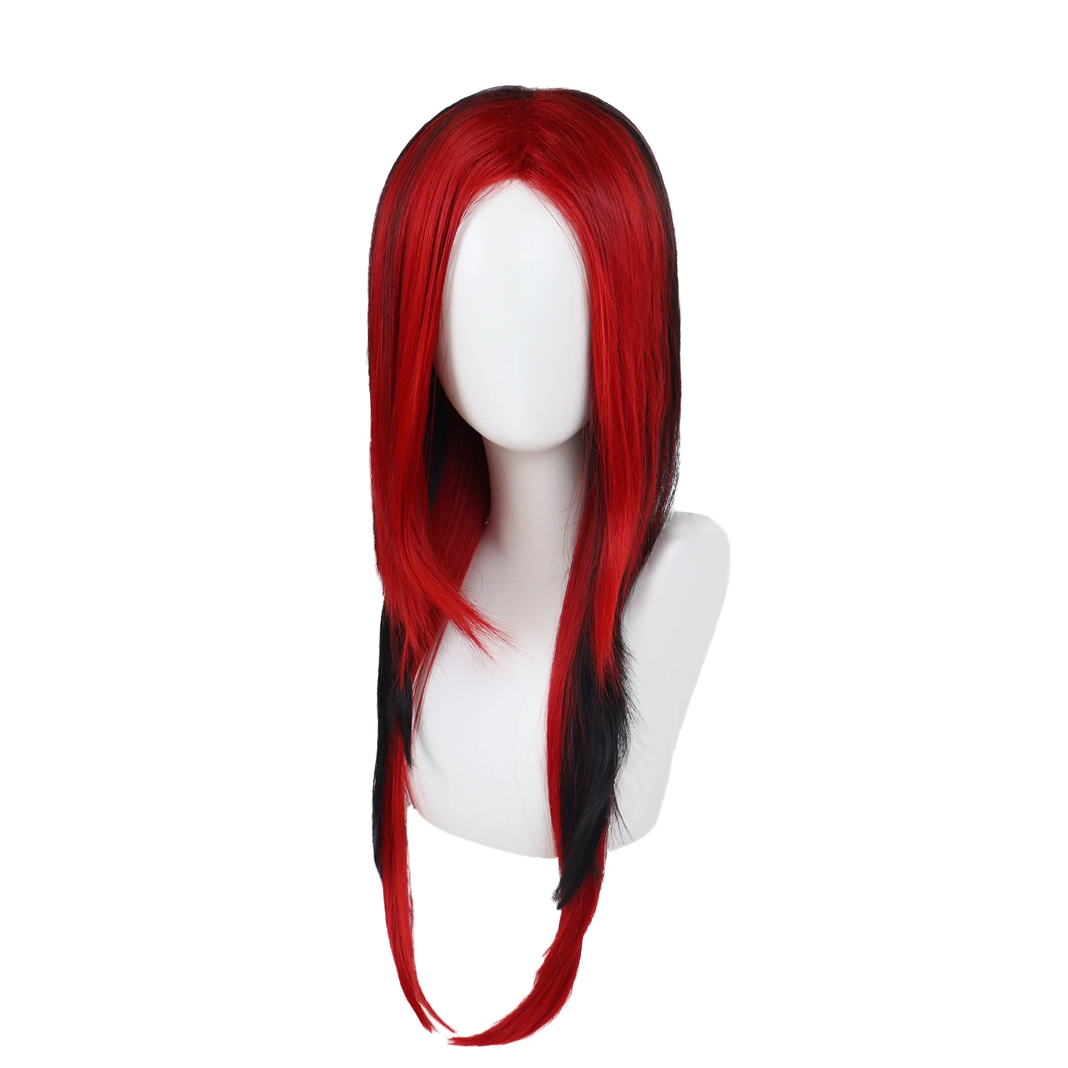 สังเคราะห์ผมยาวสีแดงและวิกผมสีดําสําหรับผู้หญิง Silky ตรงวิกผมทนความร้อนด้านข้าง Bangs ฮาโลวีนเครื่องแต่งกายวิกผมคอสเพลย์