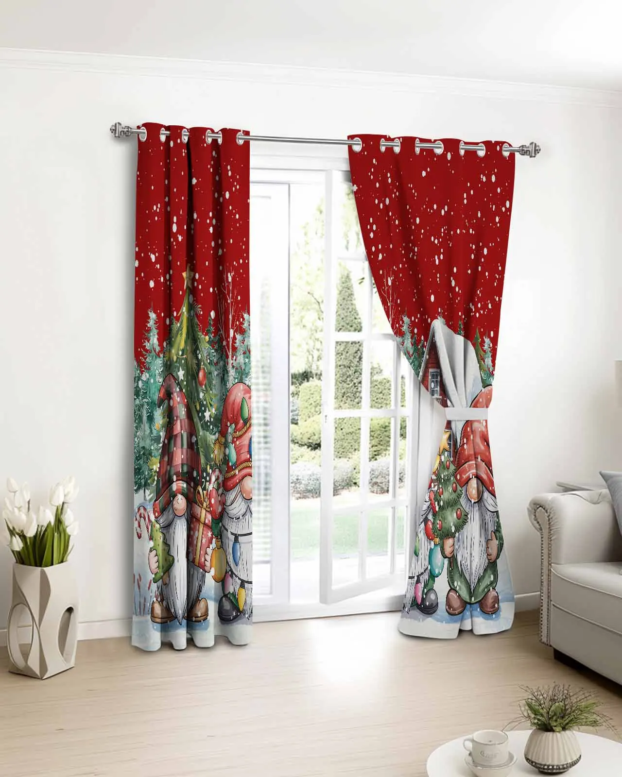 

2pcs, 1 panel Watercolor Christmas Chalet Gnome Polyester Window Curtains For Living Room Kitchen Bedroom Drapes