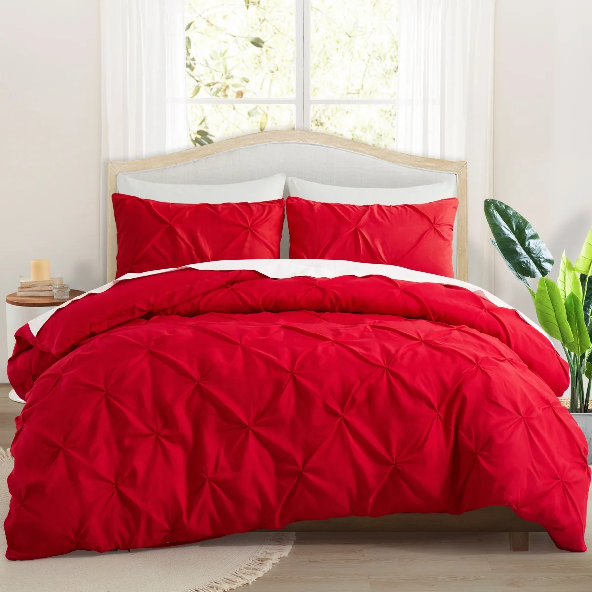 Pinch Pleated Duvet Cover Full/Queen Red Comforter Cover with Zipper & Ties, Shabby Chic Microfiber Bedding Set For Girl Women