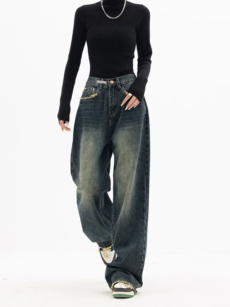 Women Vintage Streetwear Korean Baggy Cargo Jeans High Waist Straight Wide Leg Pants Denim Trousers Fairy Grunge Alt Clothes