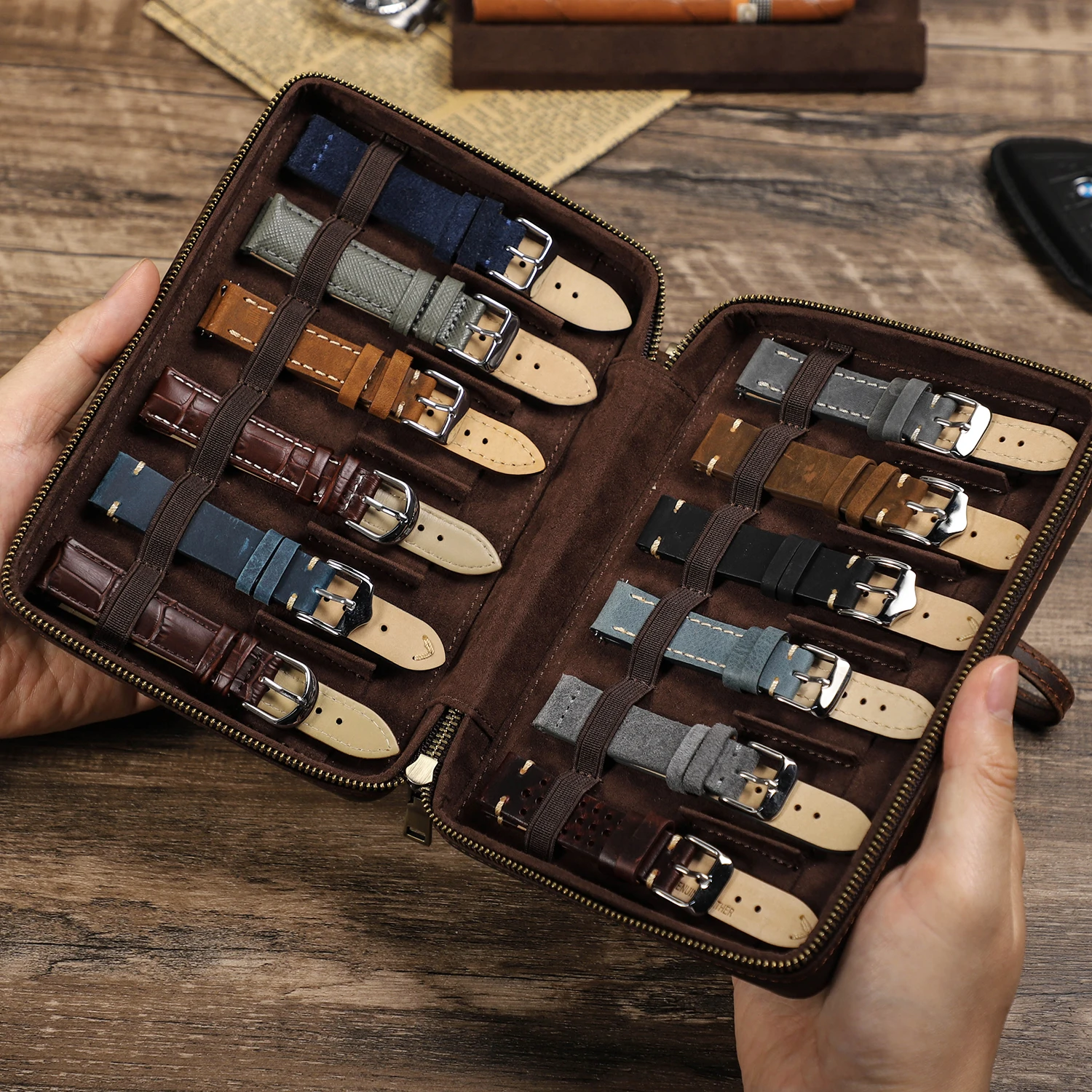 

Vintage 12 Slots Watch Straps Carrying Case Bag Organizer Genuine Leather Watch Band Storage Box for Apple Watch Band Storage