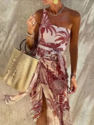 2024 New Coconut Tree Print One Piece Swimsuit For Women One Shoulder Swimwear Ladies Beach Sarong Strappy Bathing Suit Bathers