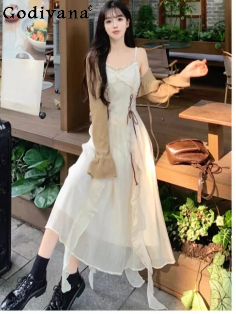 

Large Size Autumn New Women Sunscreen Cardigan Long Sleeve Top Sweet Ruffles High Waist A-line Lace-up Fairy Suspender Dress