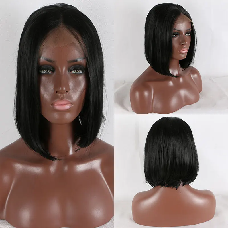 

Bombshell Jet Black Short Straight Bob Synthetic 13x4 Lace Front Wigs Glueless Heat Resistant Fiber Hair For White Women To Wear