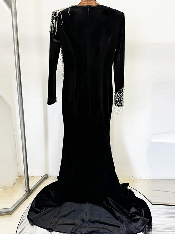 Ele Long Bla Fi Tail Dr round Ne Beaded Wrap Women's Faionable Slimming Gown Vintage Sle Evening Gown