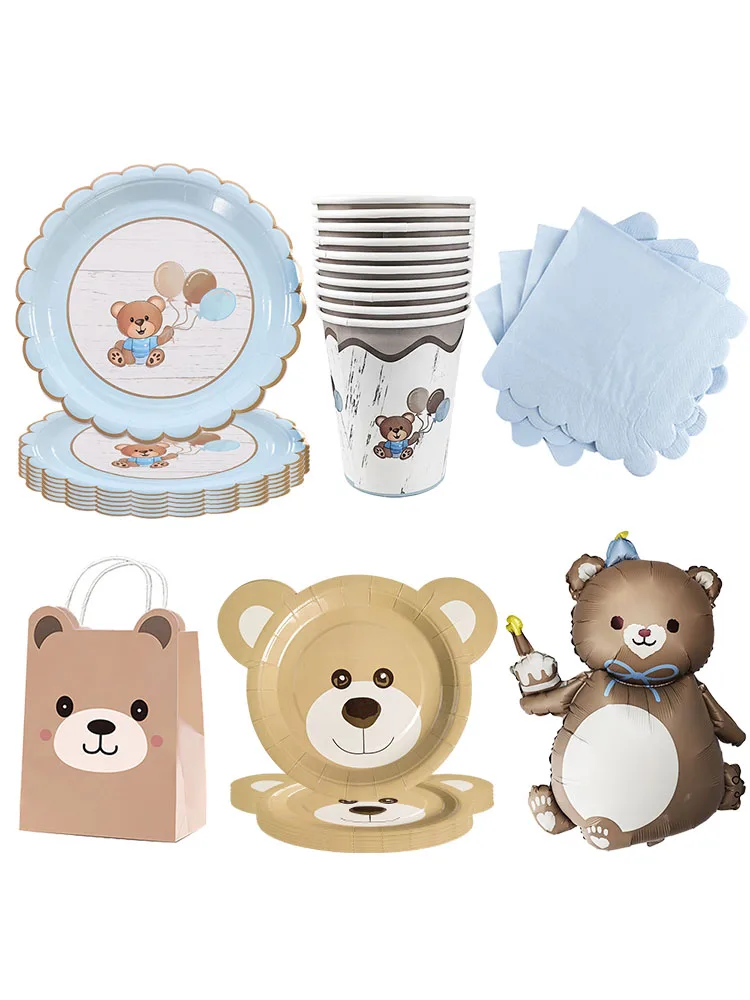 Brauner Teddybär, Babyparty, Party-Teller, Tasse, Serviette, Geschenktüte, Bär, Luftballons, Kindergeburtstag, Party, Bär, Thema, Dekorationen, Zubehör – Detail 1