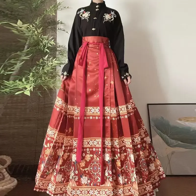 Set rok Outifits wanita, Rok wajah kuda Hanfu Tiongkok gaya etnik pakaian wanita Vintage baru dua potong