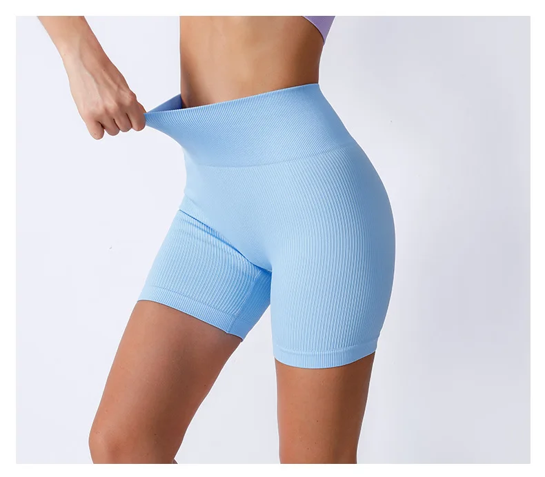 Gerippte Strickshorts für Damen, nahtlose Yoga-Shorts, dehnbare Shorts mit hoher Taille, sexy Hüftheben, Radfahren, Laufen, Dreipunkthose – Detail 9