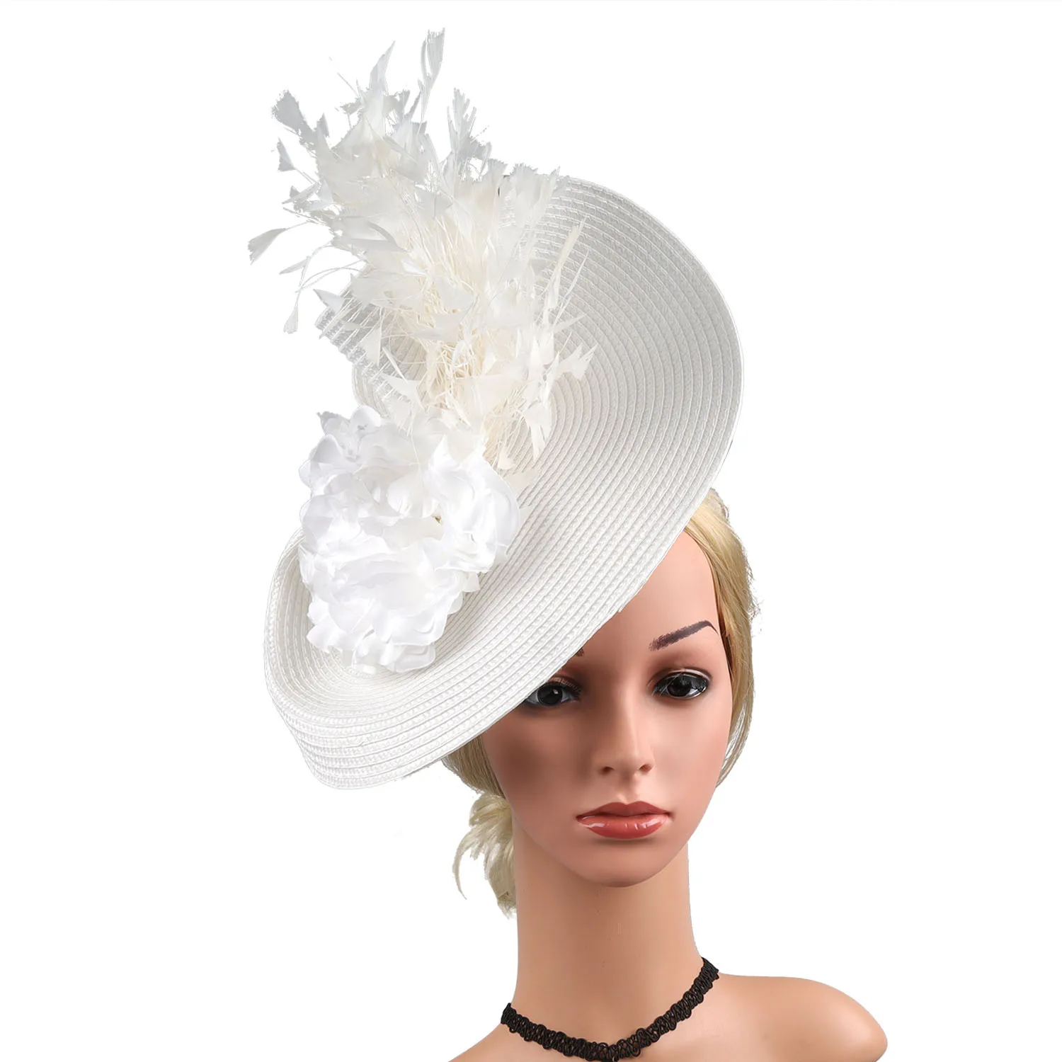 Pleciony kapelusz z fascynatorem z kwiatem z piór, duży kapelusz Derby Kentucky Jockey Club Church Cocktail Tea Party Ascot Headwear