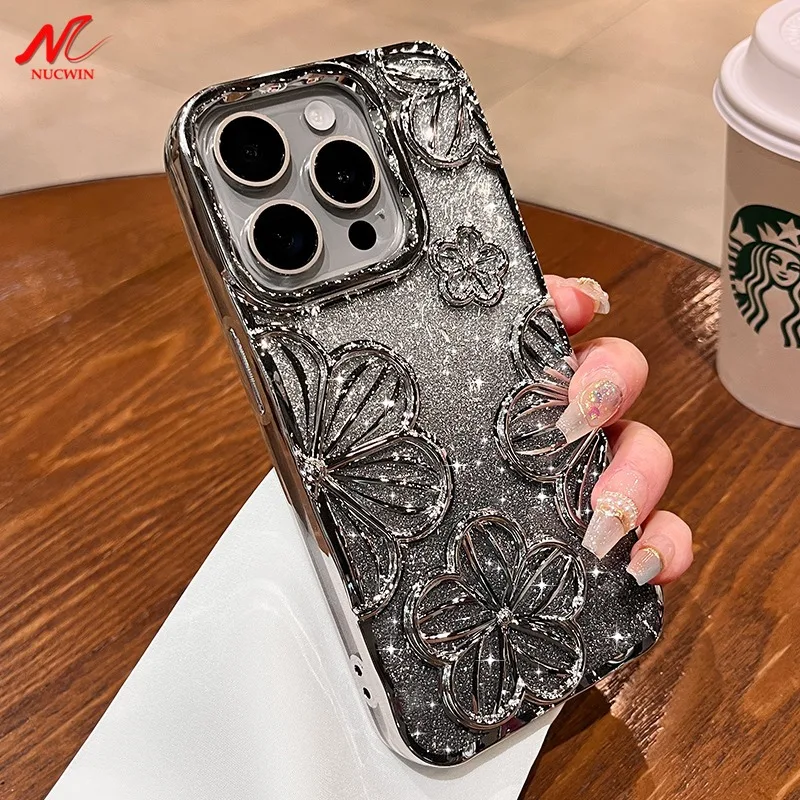 Luxury Bling Glitter Flower Case for iPhone 15 Pro Max 13 12 14 Pro Max iPhone 15Pro 14Pro 3D Flrol Soft Silicone Plating Cover