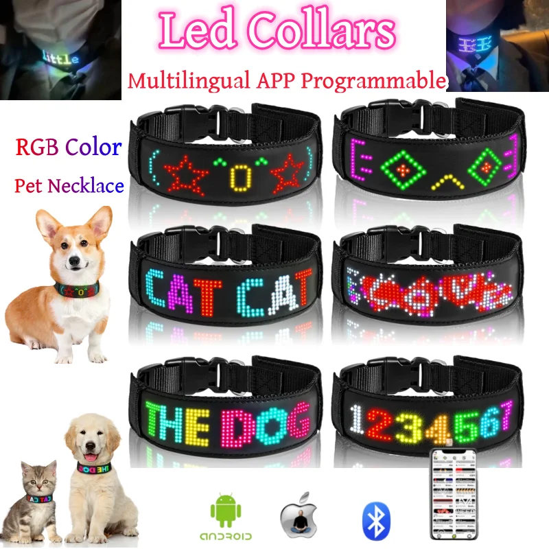 New Pet LED Dog Collars USB Rechargeable Multilingual Flashing Light Up Screen Dog Collar Safe Luminous Pet Necklace Adjustable