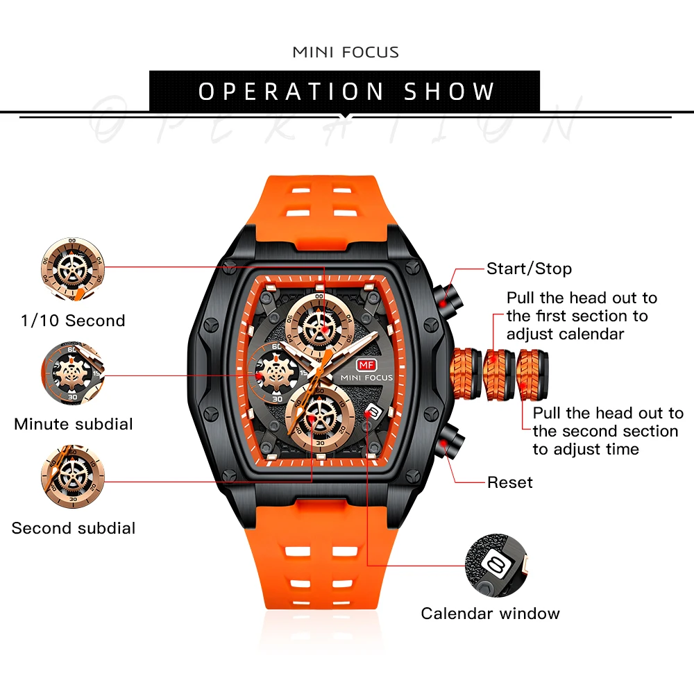 MINI FOCUS Sports Mens Watches Top Brand Luxury Multifunction Dials Fashion Quartz Watch for Men Orange Silicone Strap 0473G