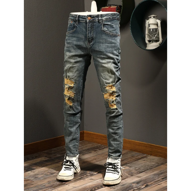 ノスタルジックなレトロジーンズ メンズ ストレッチ おしゃれ ダメージ パッチ スリムフィット 細身 トレンド ブランド ロングパンツ