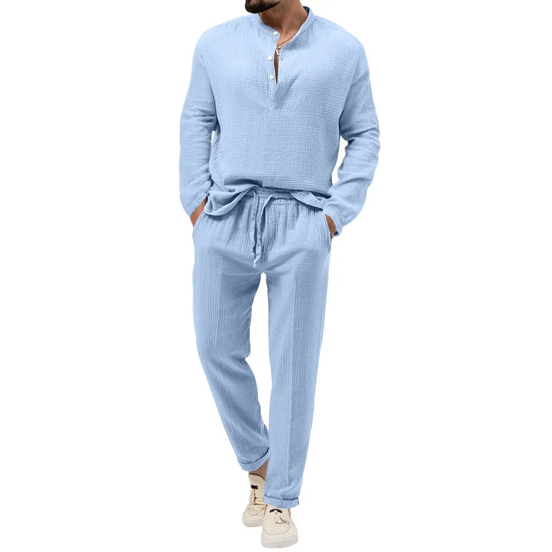 Men's Shirt Pants Suit Summer Breathable Beach Hawaiian Vacation  Long Sleeves Set Solid Color Loose Jogging Trousers Df24lq