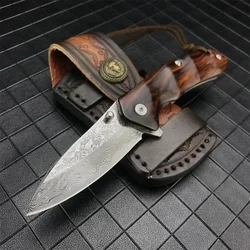 High Qualtiy Damascus Steel Knife Folding Knife Wood Handle with Sheath EDC Outdoor Knife Self-defense Combat Tactical Tool Gift