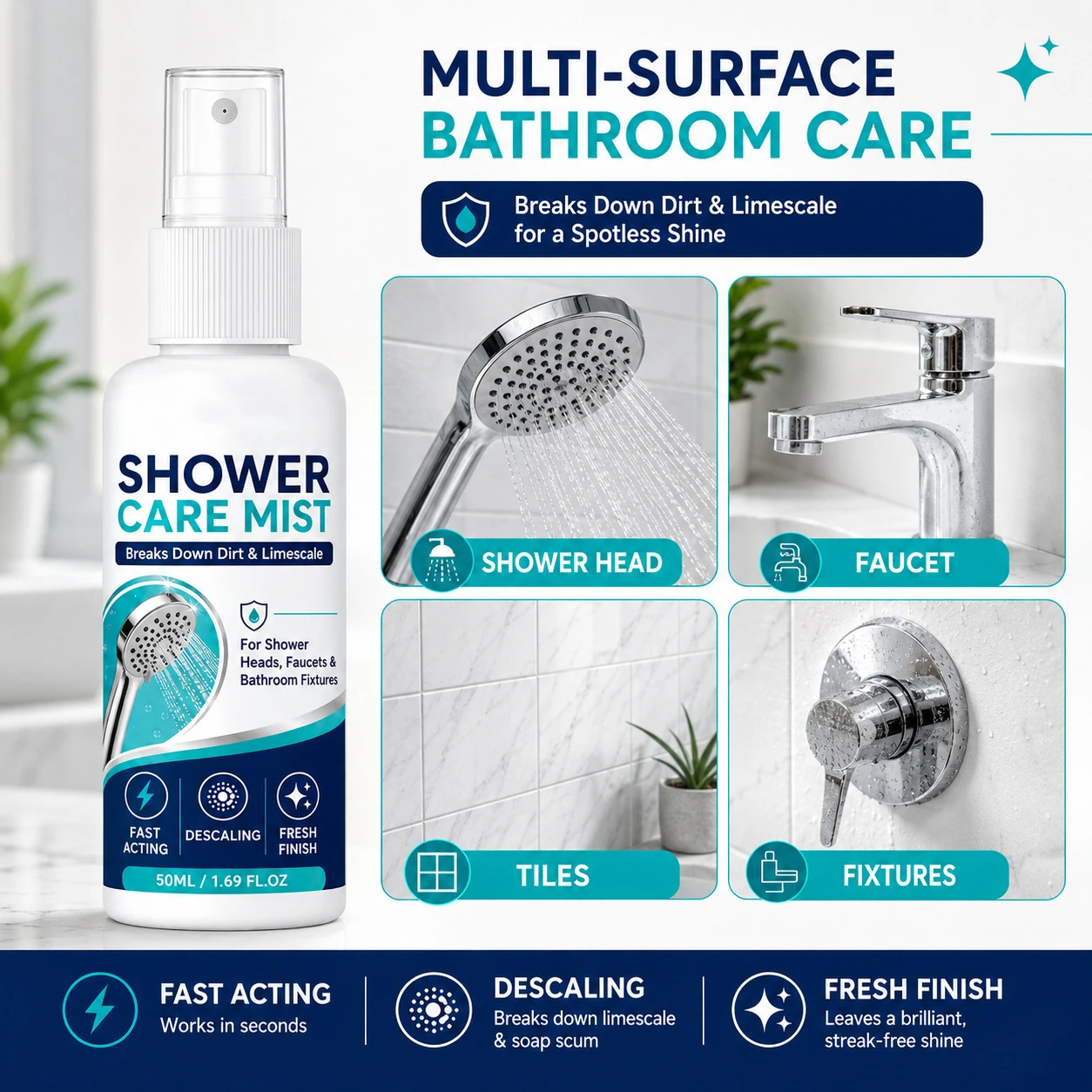 100ml Shower Limescale Remover Spray,Fast-Acting Formula,Spray Application,Bathroom Cleaner,Hard Water & Calcium Cleaner