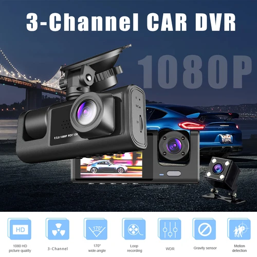 Imagen 2 del producto Cámara de salpicadero de 3 canales HD 1080P, 3 lentes interiores para vehículo, cámara DVR de tres vías, grabadora DVR, grabadora de vídeo, videocámara Dashcam