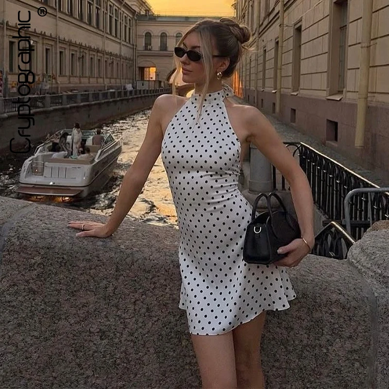 

Cryptographic Halter Dot Printed Dresses For Women Fashion Sexy Streetwear Backless Sleeveless O-Neck Sheath Mini Vestidos Slim