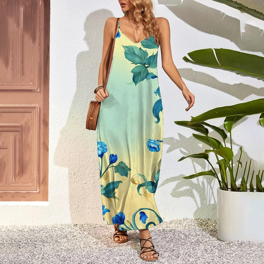 

New Women's Floral One-piece Summer Sexy Backless V-Neck Party Dresses Ladies Casual Gradient Color Halter Robe Bohemian Style