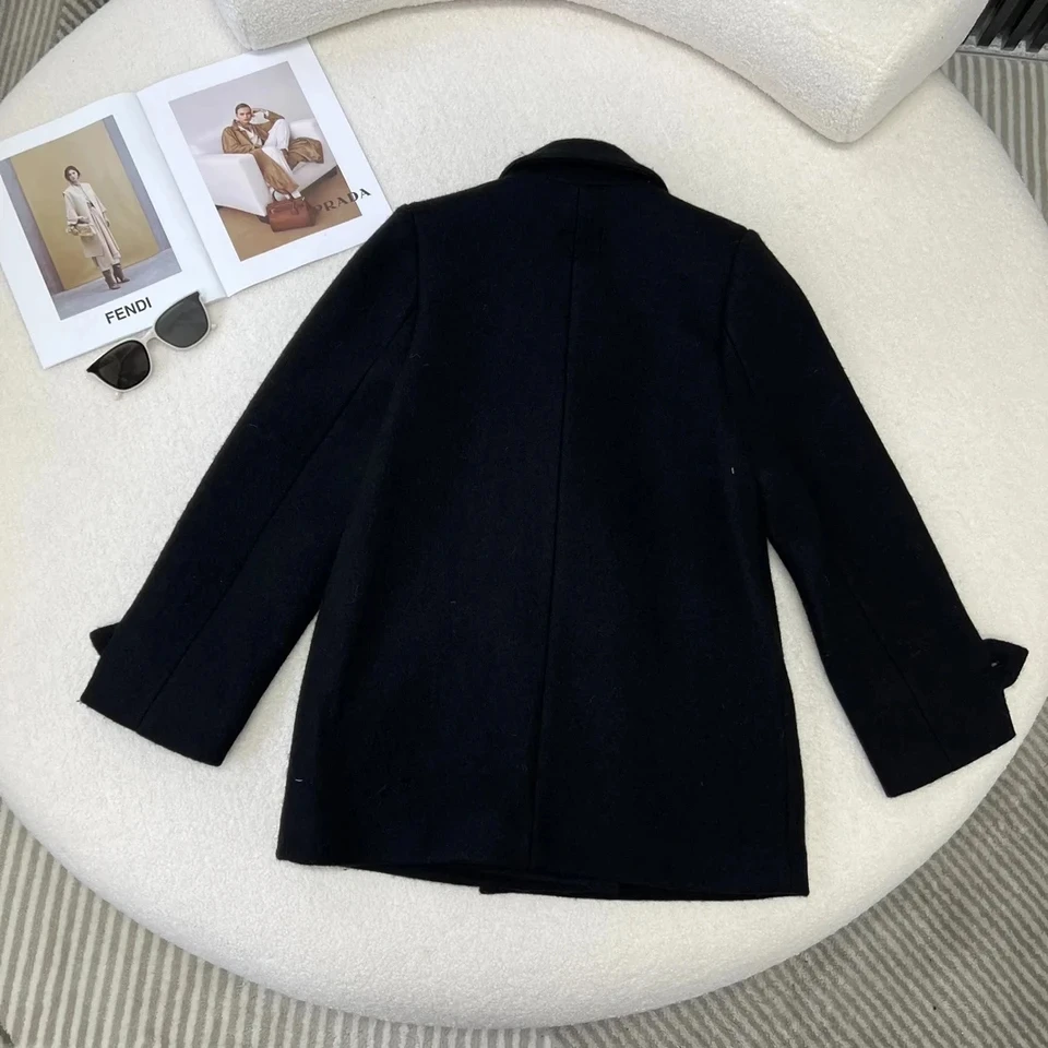 2024 new women's fashion high quality long-sleeved lapel collar double-breasted decorative lapel collar woolen coat jacket