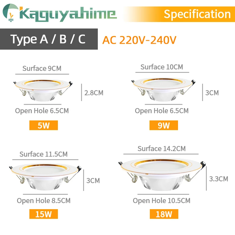 Kaguyahime-foco LED empotrable, lámpara de Panel redondo ultradelgado, 2 piezas, 3W, 5W, 9W, 15W, 18W, CA 220V, 230V, 240V