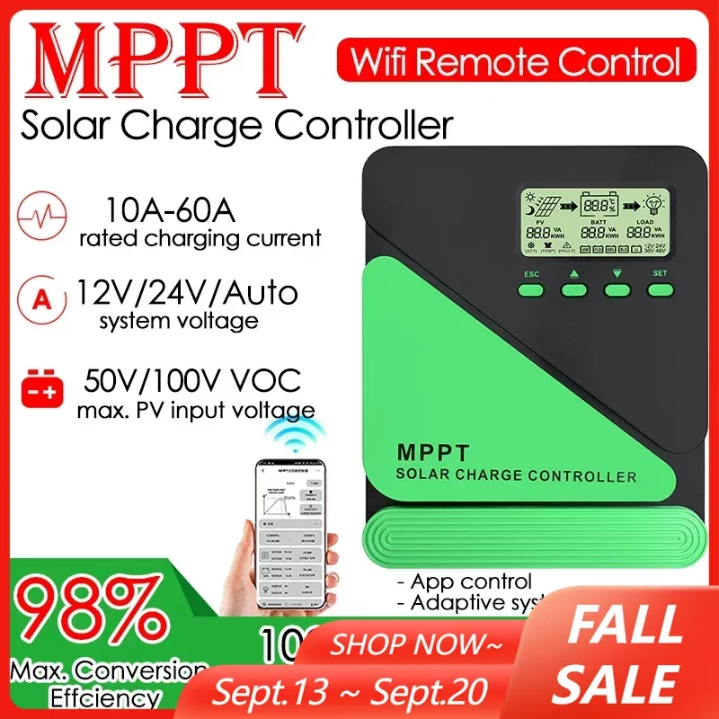 WIFI MPPT Solar Charge Controller 10-60A 12V/24V Auto LCD USB Solar Panel Battery Regulator for Lifepo4 Lead Acid Lithium