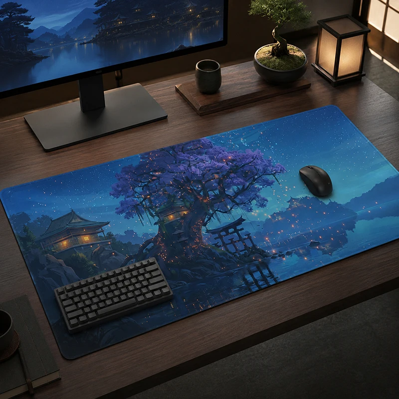 Blue Moonlit Cherry Blossom Mouse Pad Gaming XL HD New Home Mousepad XXL MousePads Non-Slip Natural Rubber Soft Laptop Mice Pad