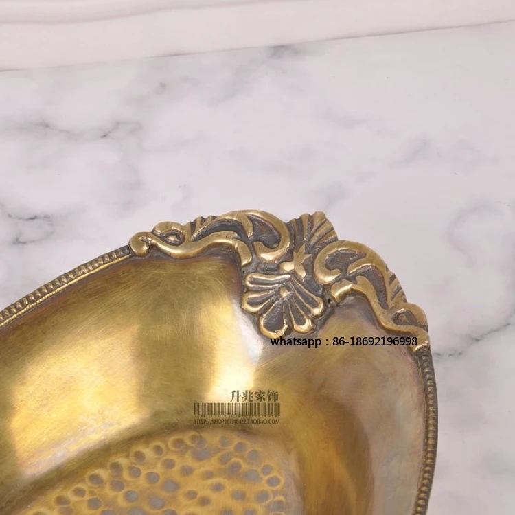 India Imported Brass European Style Retro Oval Carved Tray Fruit Plate Storage Tray Soft Decoration Light Luxury Luxury Decorati