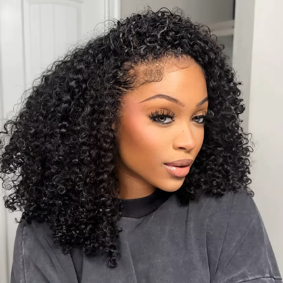 Half Wig Afro Kinky Curly Wigs Human Hair No Glue Headband Wig With Drawstring Seamless Clip Ins Flip Over 300% Curly V Part Wig