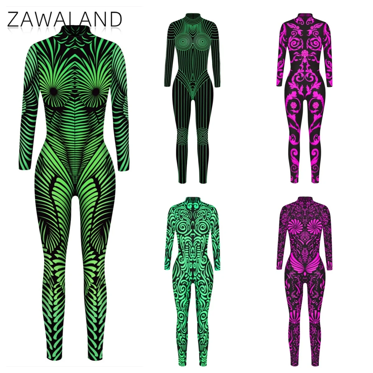 

Green Line Totem Pattern Cosplay Costume For Woman Symmetrical Floral Jumpsuit Party Performace Bodysuit Carnival Novelty Outfit