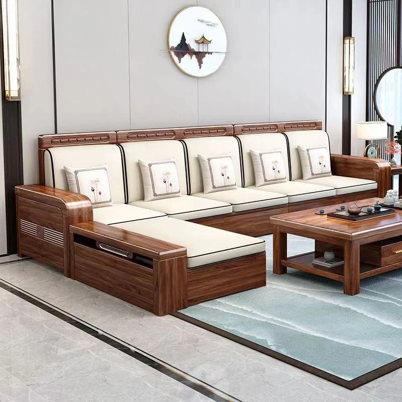 Winter and summer dual-purpose living room removable and washable fabric storage sofa golden silk walnut solid wood sofa combina
