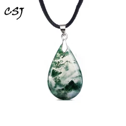 Trendy Natural Moss Agate Pendant Solid 925 Silver Water Drop Gemstone for Women Birthday Party Necklace Jewelry