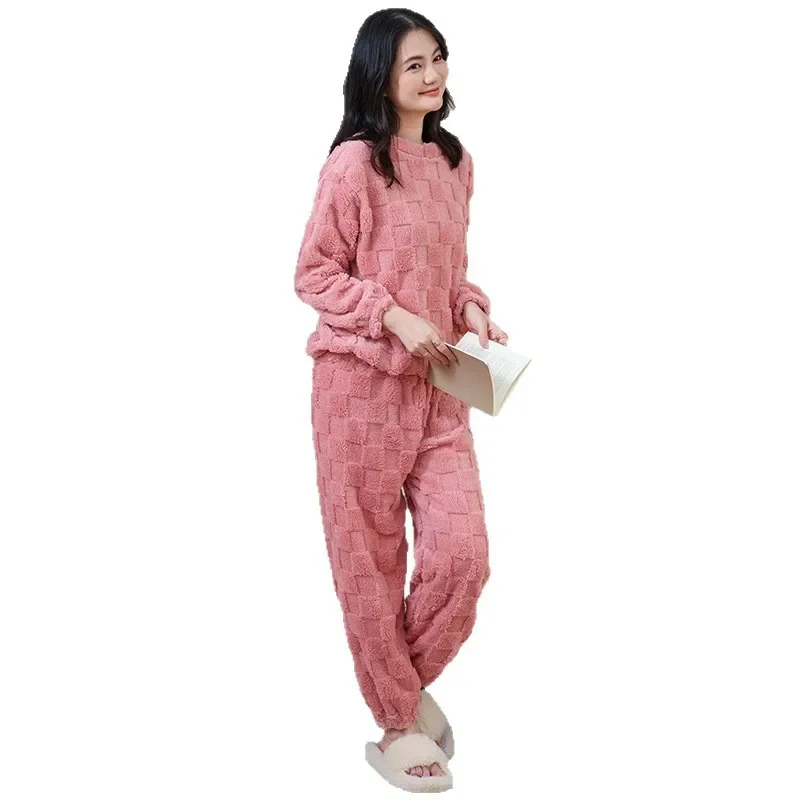 Conjunto bordado a cuadros de lana Coral para mujer, pantalones largos, ropa de dormir gruesa de manga larga, ropa holgada para el hogar, conjunto cálido, Otoño Invierno