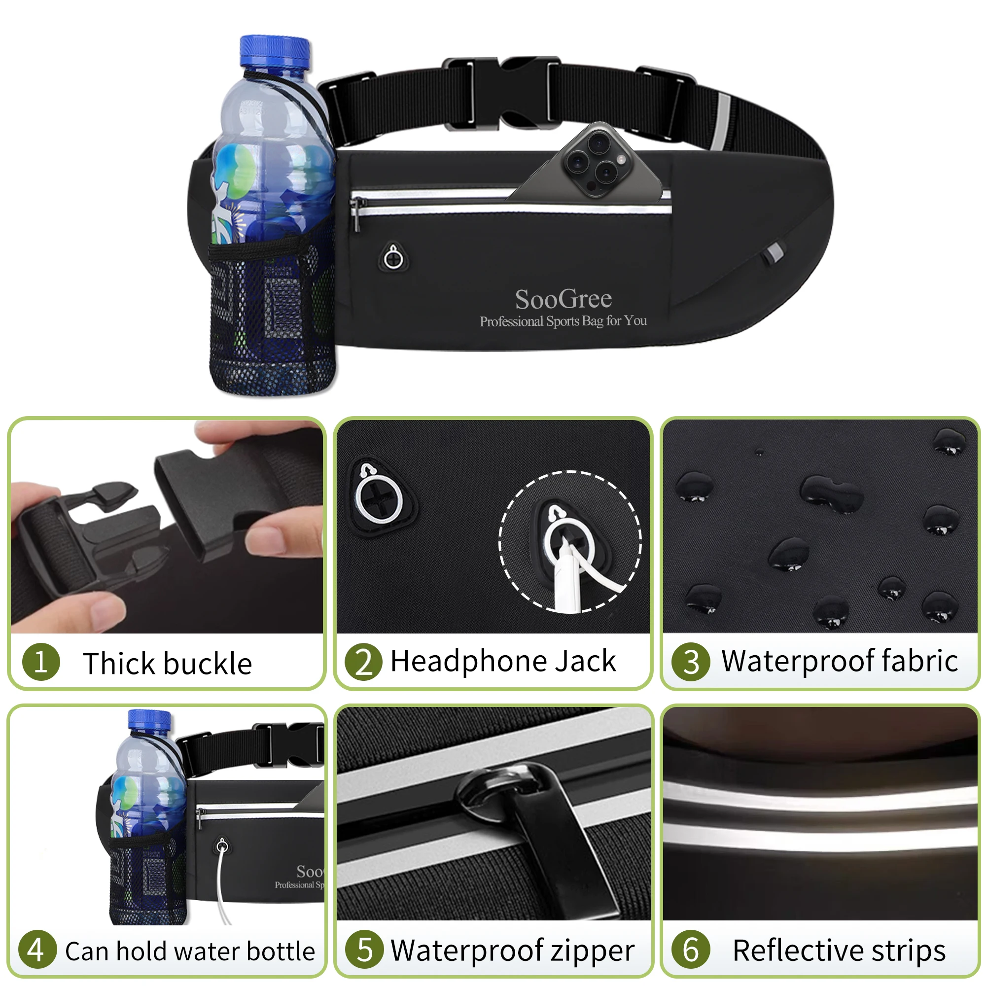 SooGree Men Women Slim Running Belt Fanny Pack,Zipper Waterproof Running Waist Pack,Ultra Light Reflective Phone Holder,Sport