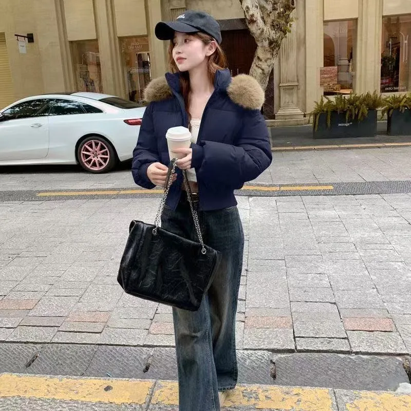 

Fur Collar Short Cotton Clothes Women Winter Korean Version Thickened Warm Bread Clothes ins Cotton-Padded Clothes Hooded Jacket