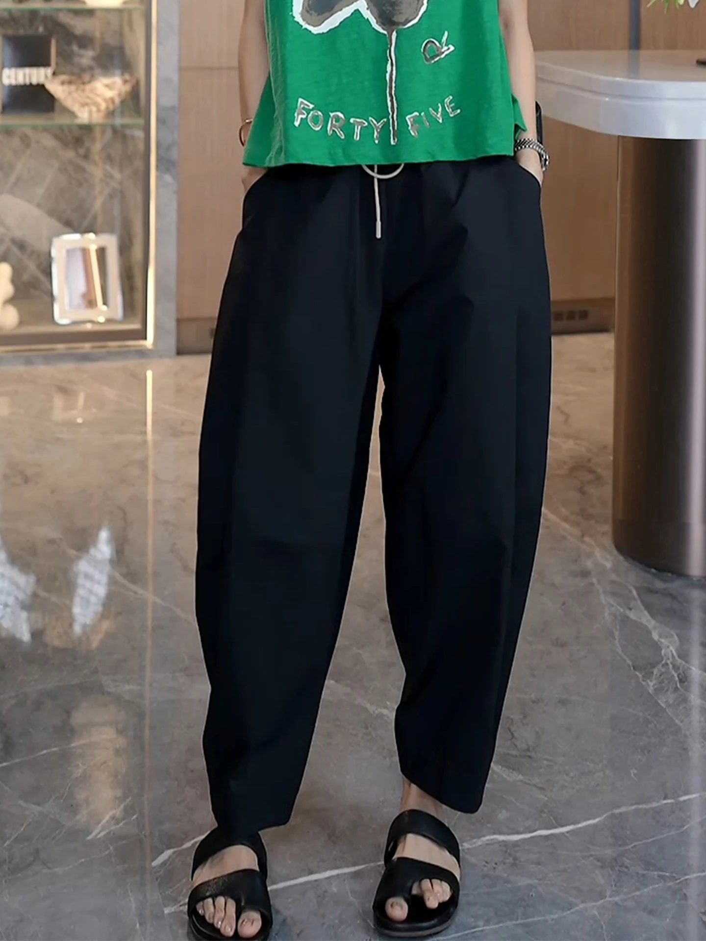 

TT Breathable Comfortable Spor Loose Fit Casual Pants Bla Women's Summer New Sle Versatile Straight Leg Elasti...